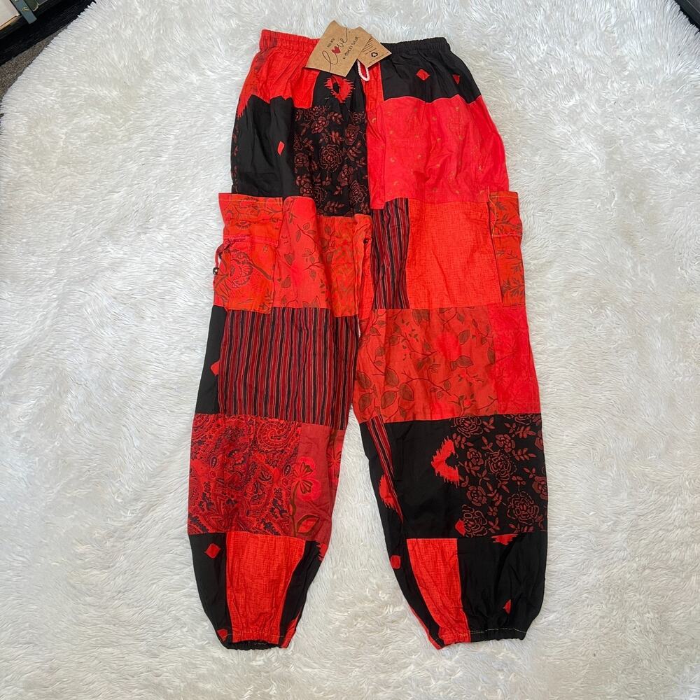 ASHLEY TAYLOR WOMENS PATCHWORK PANTS BOHO HIPPIE HAREM TROUSERS RED OSFM 1